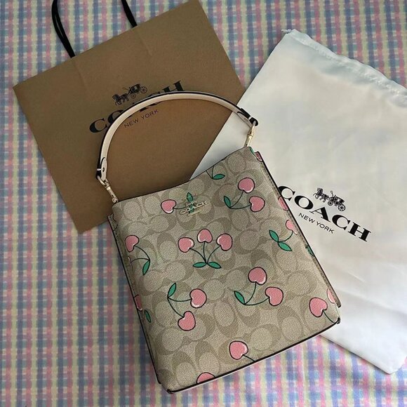 Coach Canvas Bucket Bag Heart Shaped Cherry Print - Picture 2 of 6